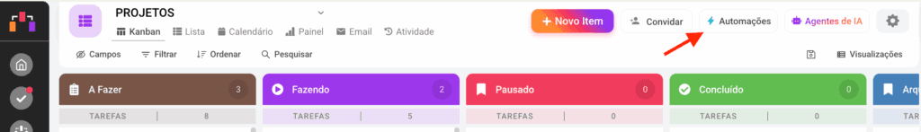 Menu de automações destacado na parte superior do fluxo no Cange