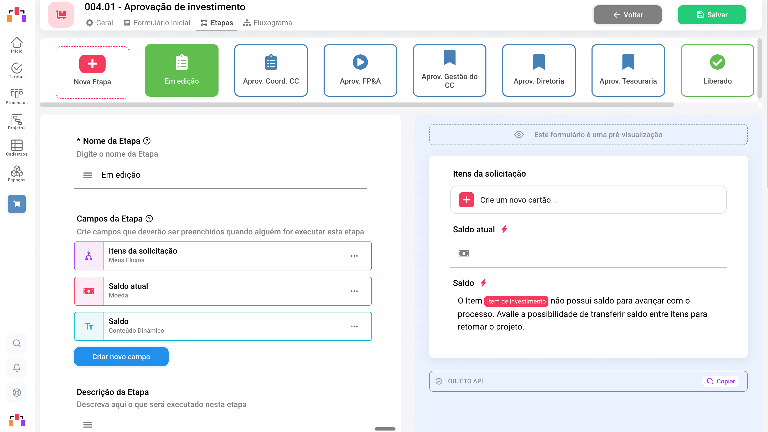 Cange, tela de configuração de etapas com campos personalizados e pré-visualização do formulário