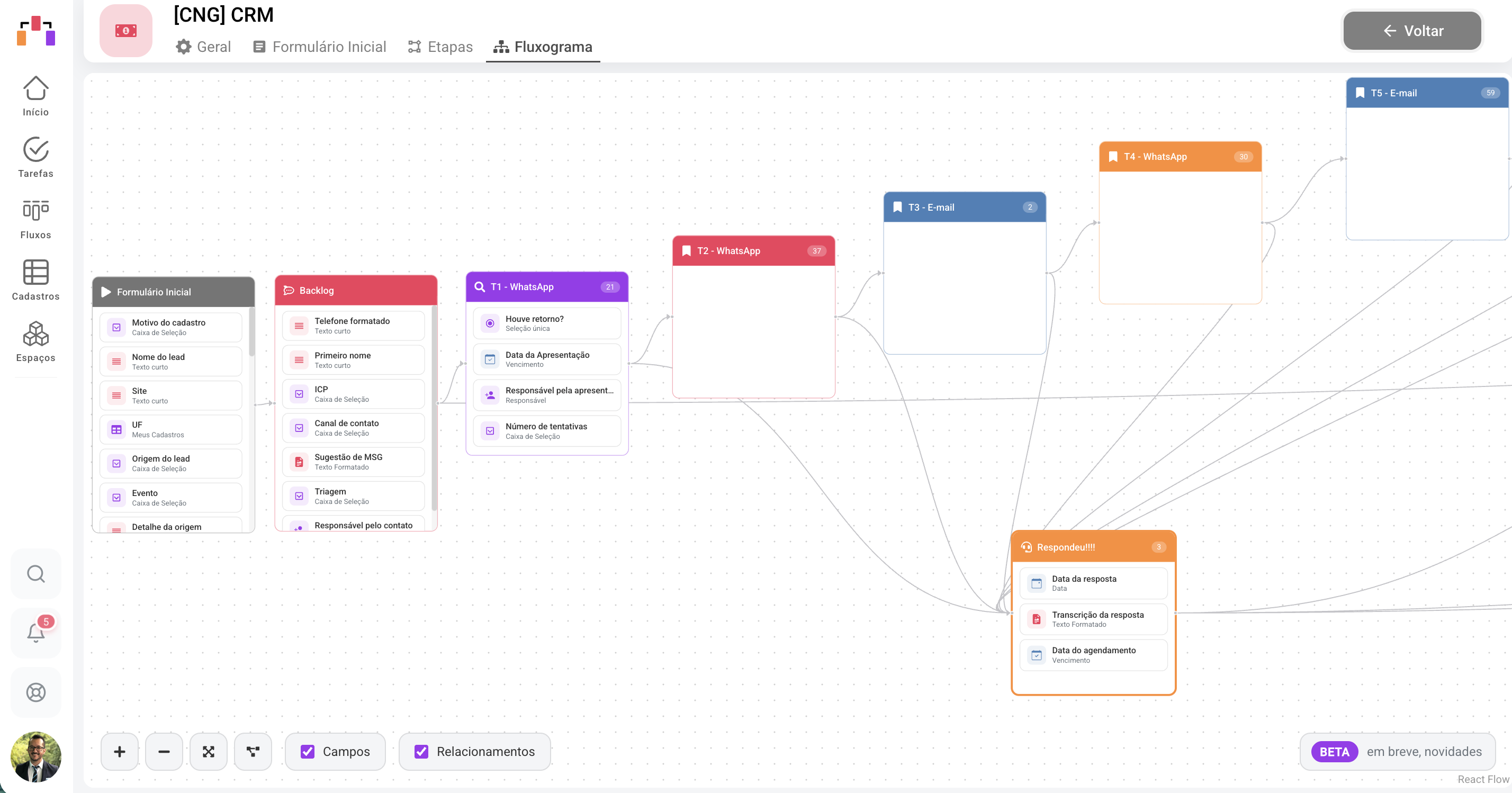 Fluxograma de um processo customizado, com etapas e conexões entre cartões