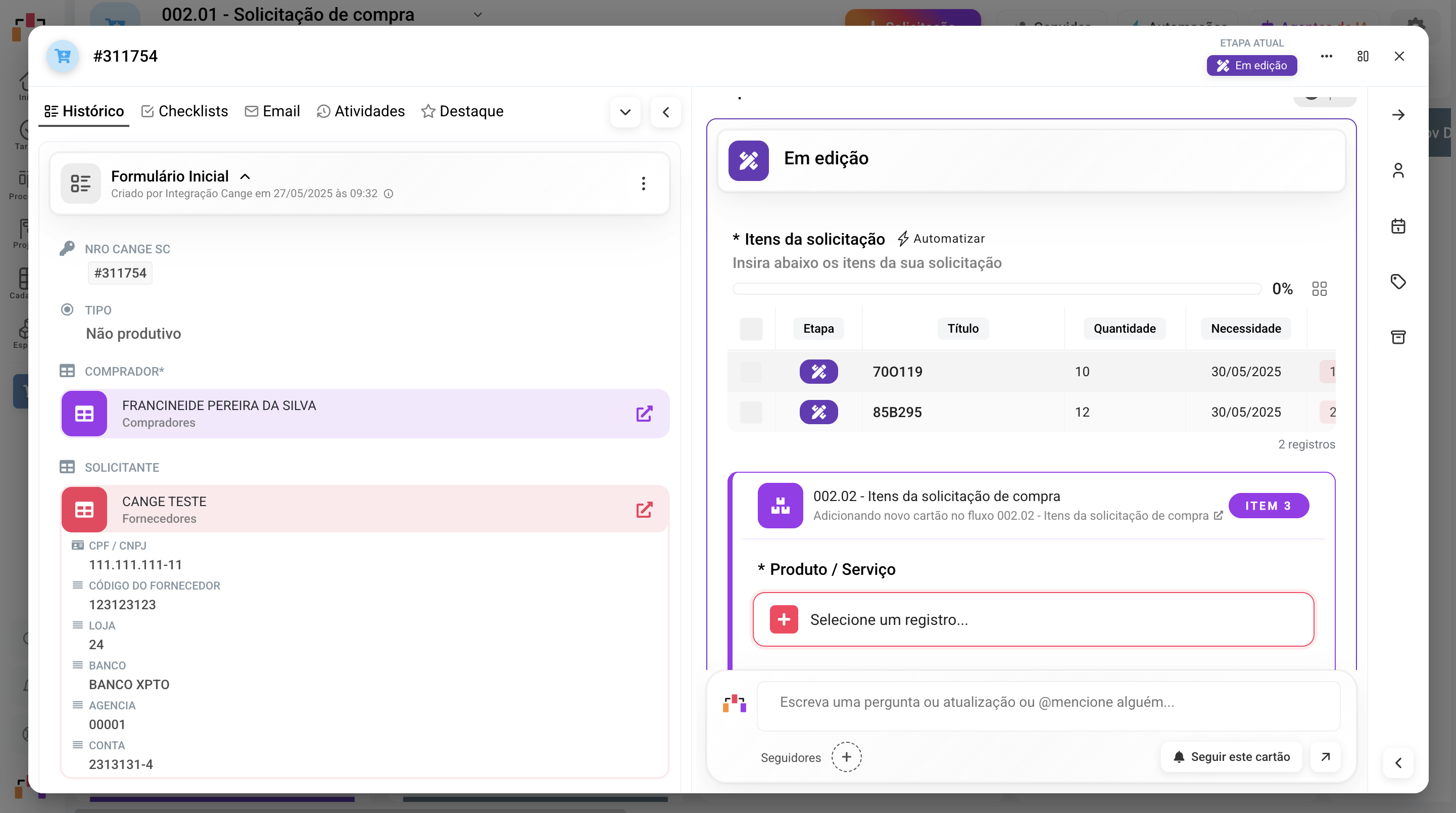 Formulário customizado de solicitação, com campos e validações configuráveis