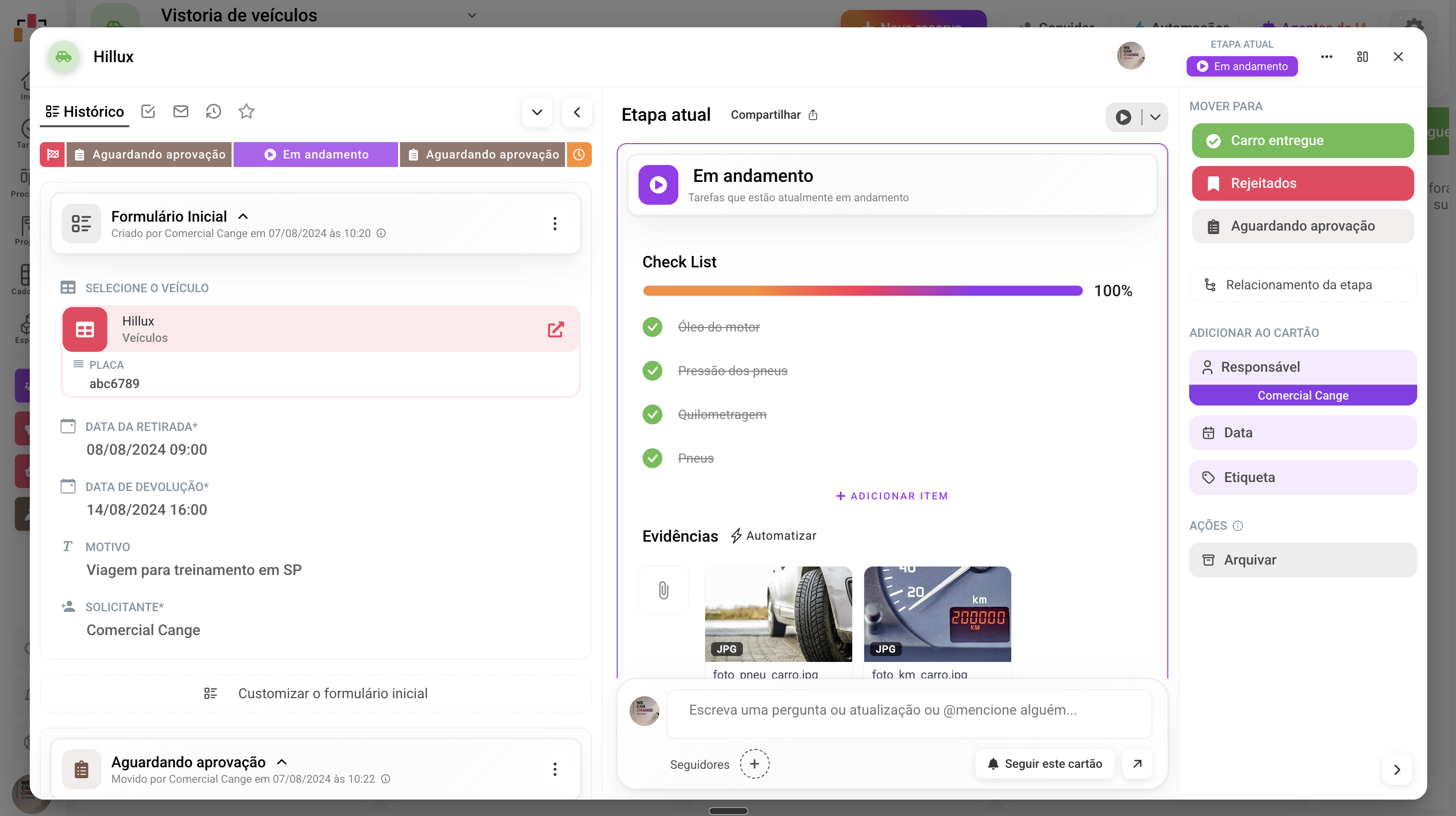 Vistoria de veículo com checklist e fotos como evidência