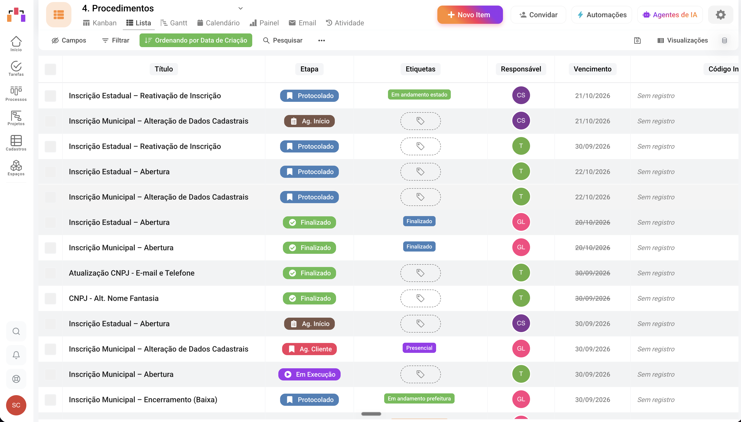 Lista de procedimentos contábeis com etapa, responsável e prazo de vencimento