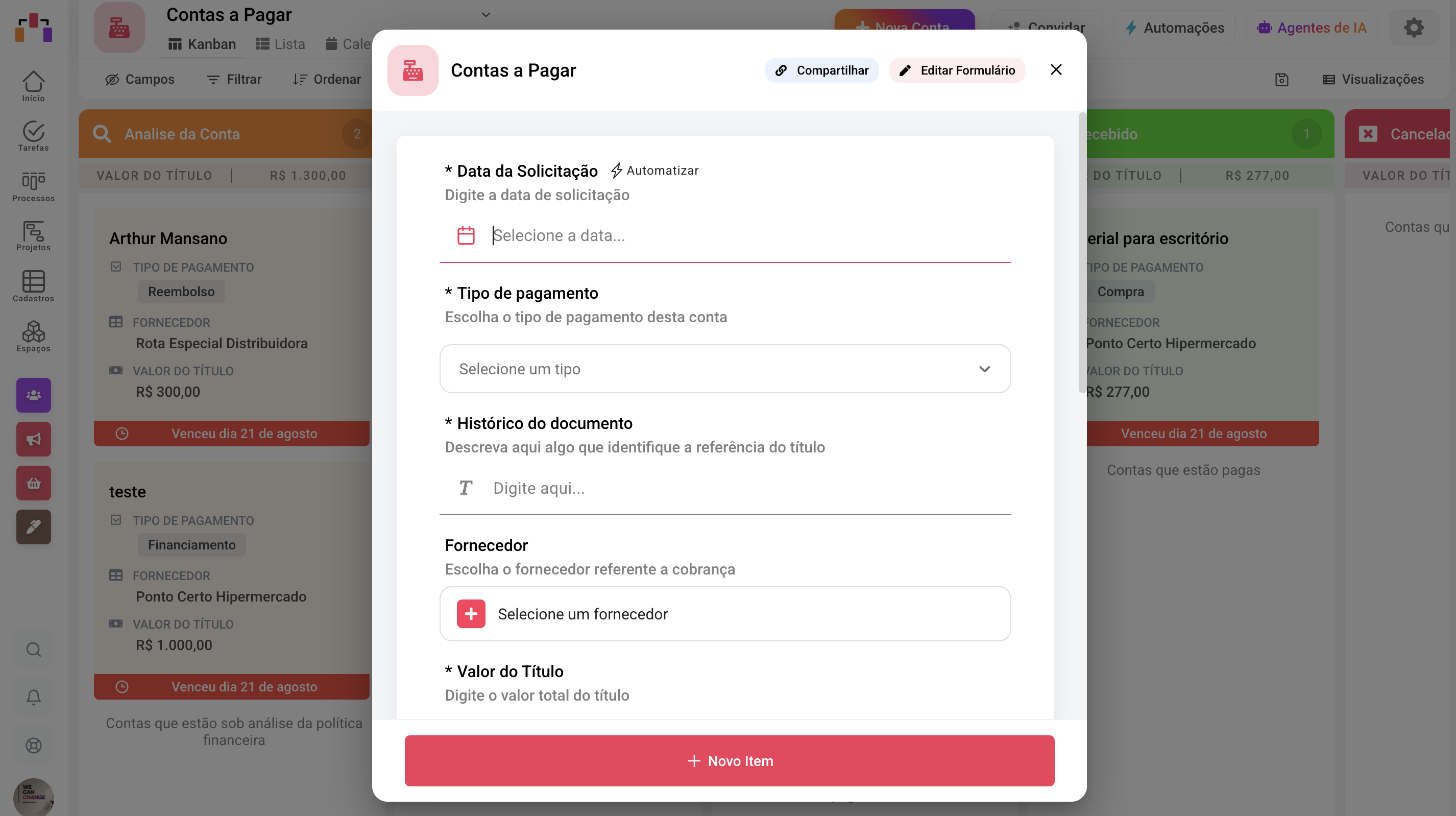 Quadro do fluxo de Contas a Pagar (requisições por etapa)