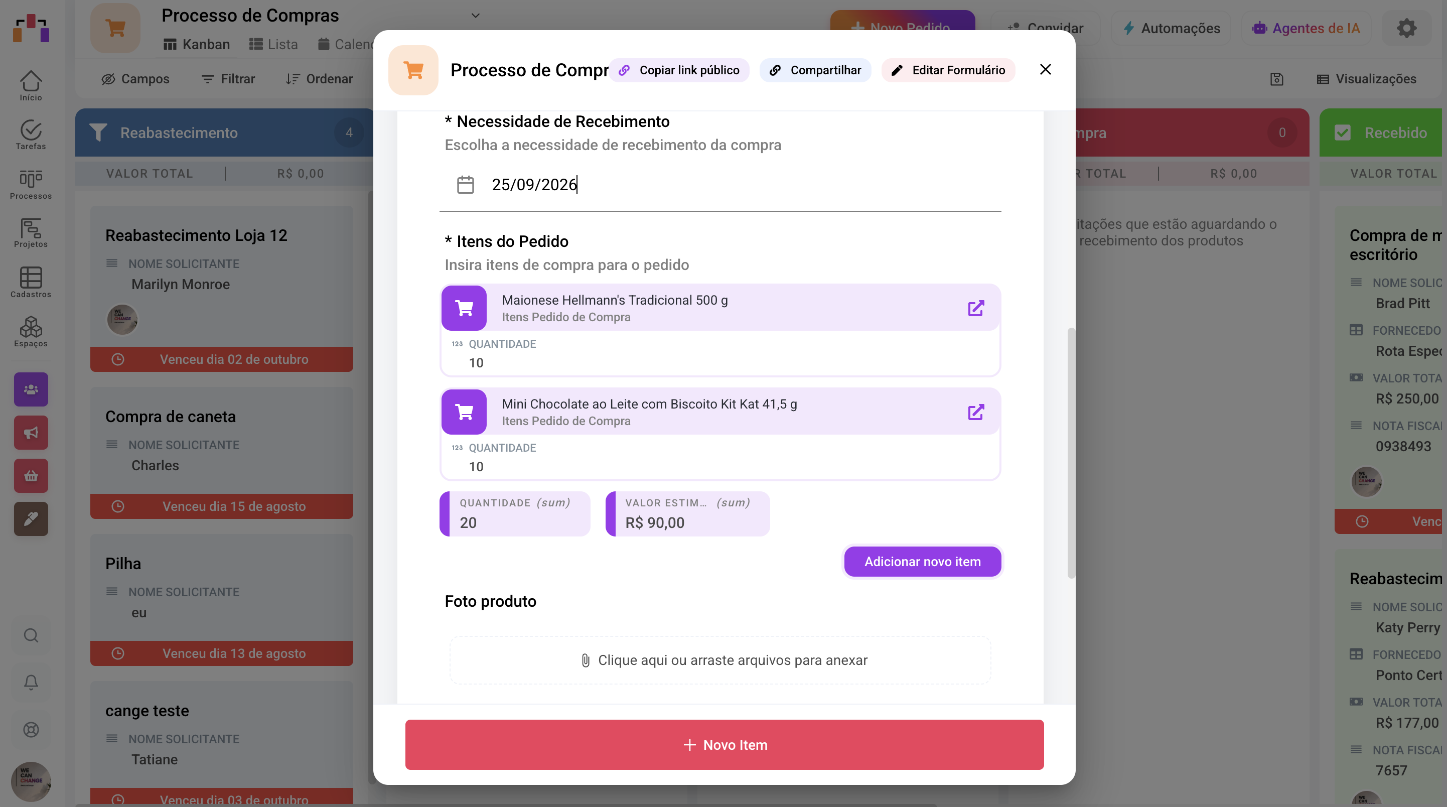 Quadro do fluxo de Compras (requisições por etapa)
