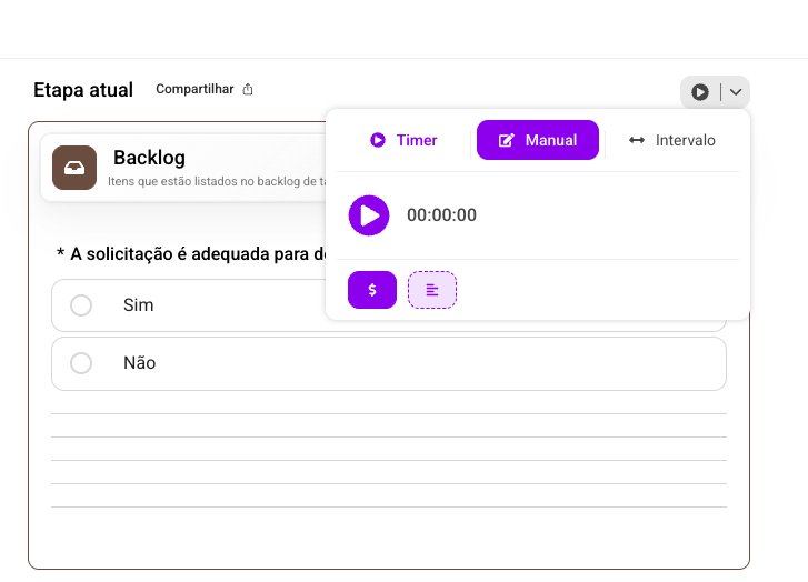 Tela de apontamento de horas / timesheet por contrato