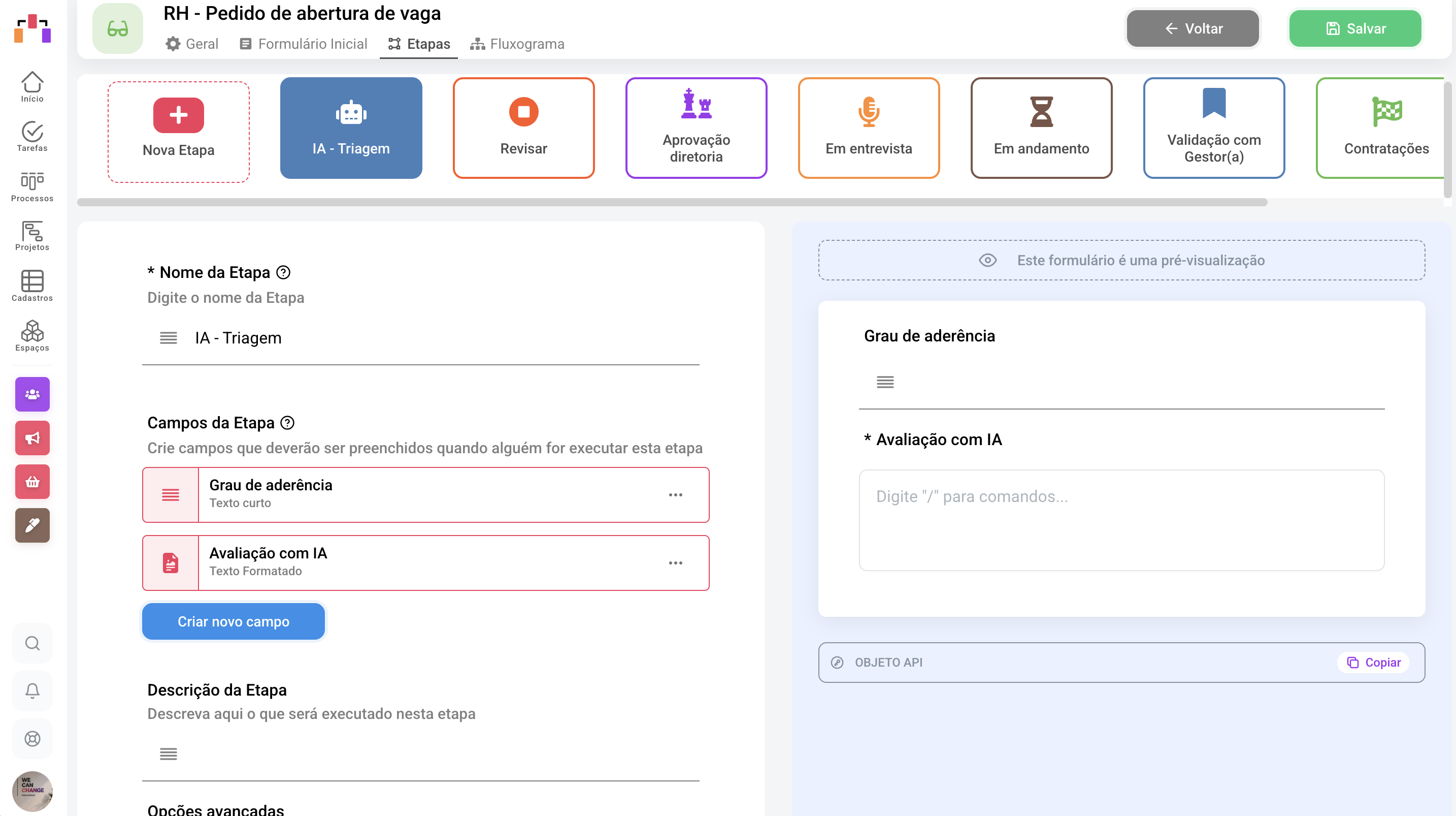 Construtor de processos no-code do Cange, com etapas montadas por arrastar e soltar